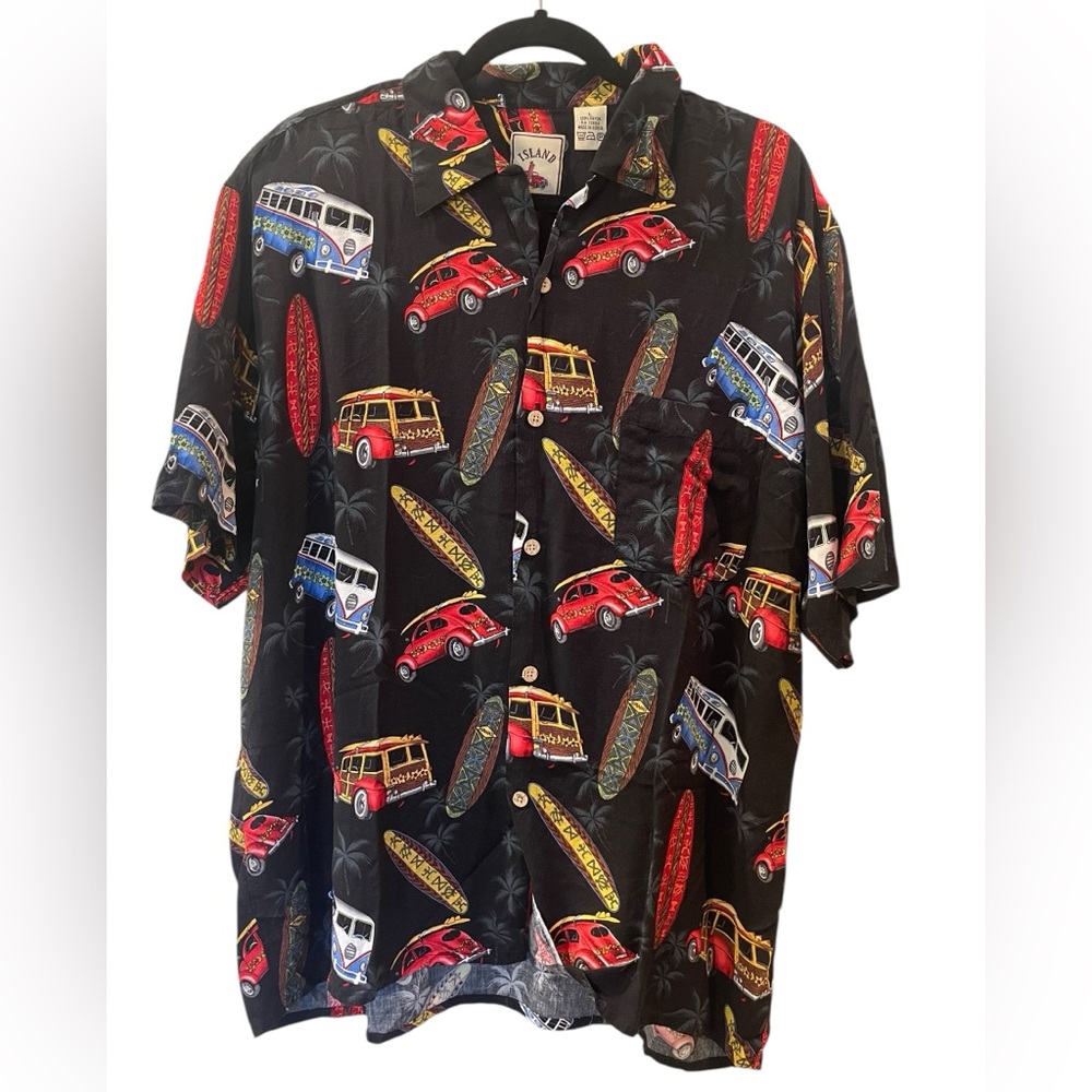 Island Collection Men’s Hawaiian Shirt Black Volkswagen Surfboard Size: Large